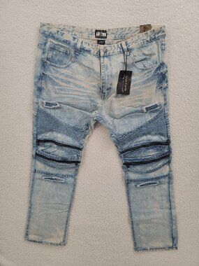 Gray Earth Men's Moto Biker Jeans Sky Blue Acid Wash Distressed Zipper